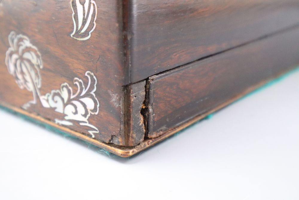 A Victorian mother of pearl inlaid rosewood toilet box, length 30cm
